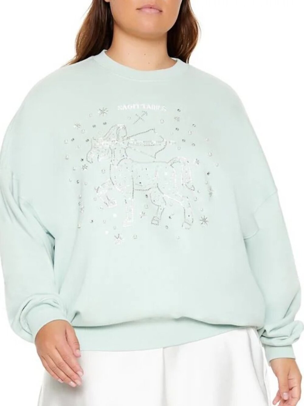 Forever 21 Mint Green Beaded Sagittarius Fleece Pullover Plus Size Sweater SZ 1X